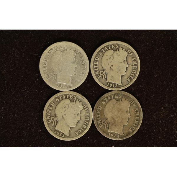 1906, 13, 13 & 1914 SILVER BARBER DIMES