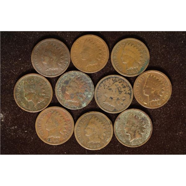 10 ASSORTED INDIAN HEAD CENTS:1890, 2-1891, 2-1892