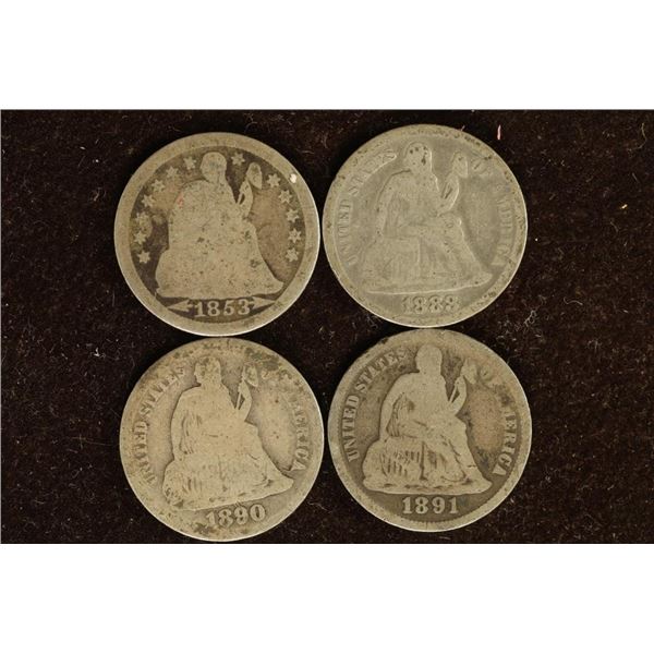 1853, 88, 90 & 1891 SILVER SEATED LIBERTY DIMES