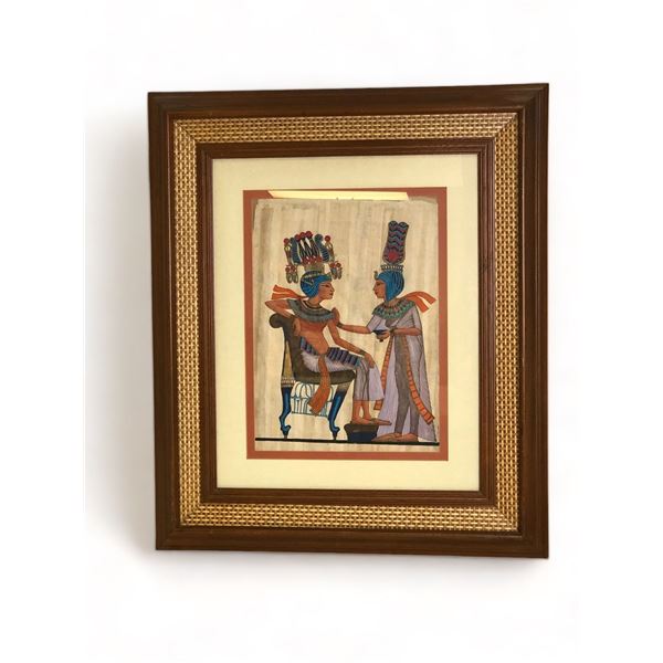 Framed Egyptian Pharaonic papyrus center modern painting from estate - frame approx. 23in x 27 1/2