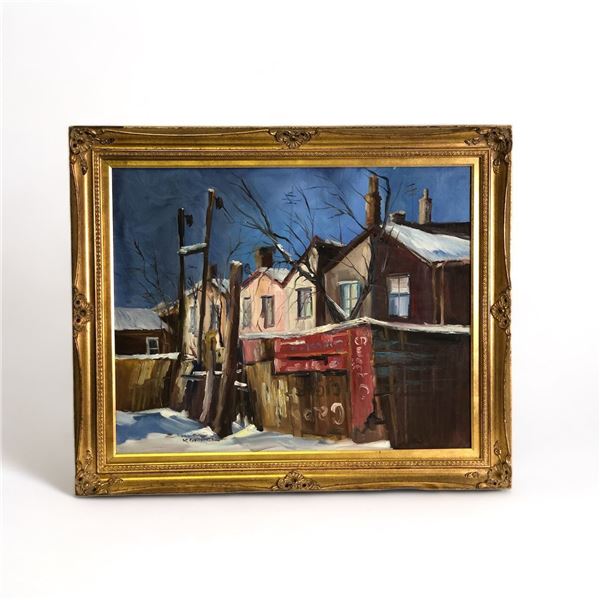 Framed original "Winter Houses" painting on canvas signed by Canadian artist Elmar Koppel from estat