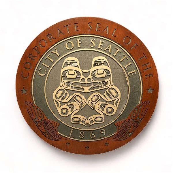 Corporate Seal of The City of Seattle 1869 round Styrofoam First Nations art sign from movie set - a