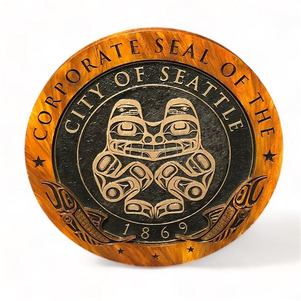Corporate Seal of The City of Seattle 1869 round wooden First Nations art sign from movie set - valu