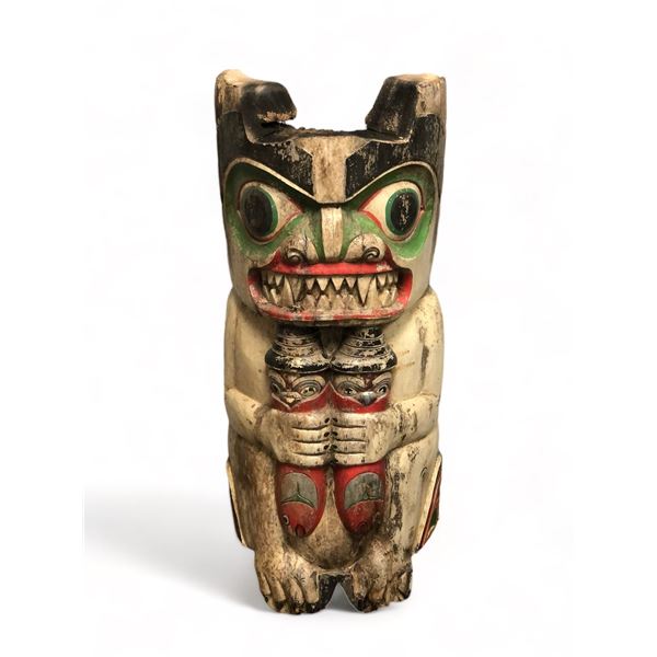 Approx. 35in tall First Nations wooden carved totem pole wall art - approx. 14 1/2in wide x 35in tal