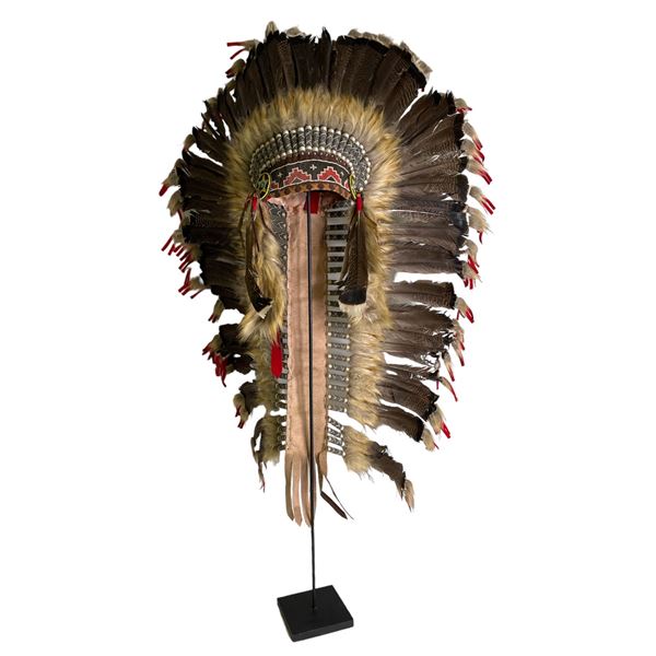 Native American custom-designed head dress from movie set w/ wooden stand w/ paperwork from producti