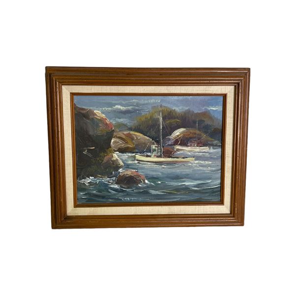 Framed original "Ocean Shore" oil painting on canvas signed by artist Elmar Koppel w/ note dated 198
