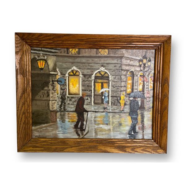 Framed original "Rainy Weather" painting on board signed by artist Edith Gastone from estate - note
