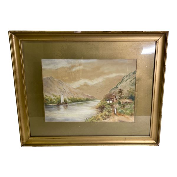 Framed antique "Village Lake" painting on canvas centered signed by artist M.Eden dated 1922 from es