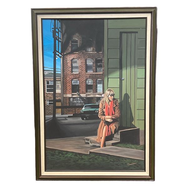 Framed original "Woman Sitting on Doorstep" oil painting on canvas from estate signed by artist Broc