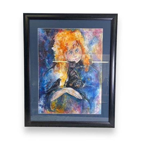 Framed original "Woman with Cat" watercolor painting signed by artist Maria Michell from estate - fr