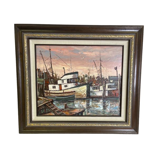 Framed original "Harbor Area" oil painting on canvas signed by artist Robert Oset - note says bought