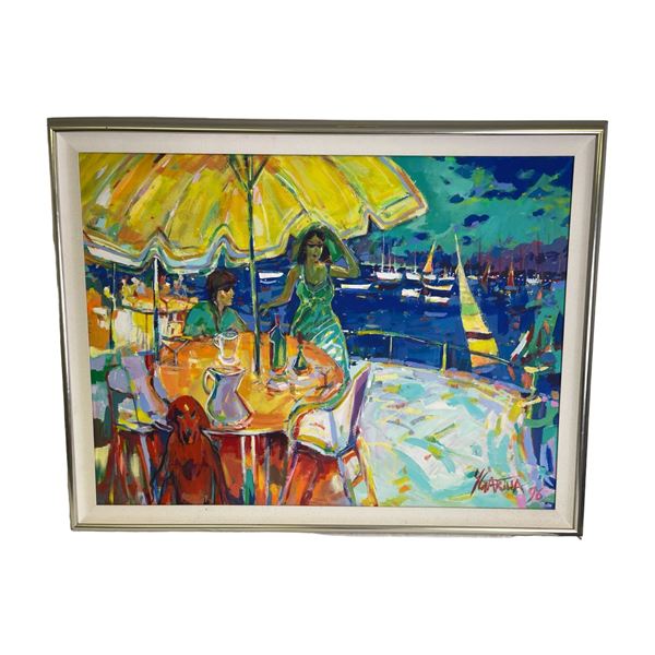 Framed original "On Yacht" painting on canvas signed by artist YGartua 1996 from estate - frame appr