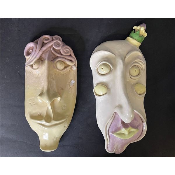 Set of 2 decorative clay wall face masks