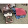 Image 1 : Group of assorted horse riding gear - includes horse saddle w/ stand/ horse whip/ horse wood carved