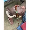 Image 2 : Group of assorted horse riding gear - includes horse saddle w/ stand/ horse whip/ horse wood carved