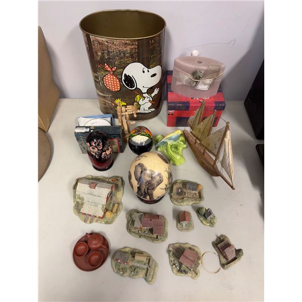 Group of misc items including -  russian doll, snoopy tin can, miniature farm houses/barn, pirate sh