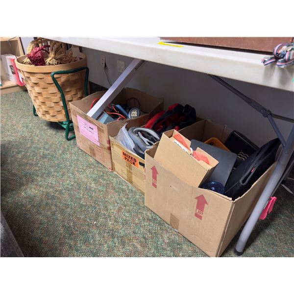 Group of misc boxes including - jump rope, tennis balls, tools, sunglasses case, bike helmet, locks,