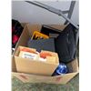 Image 2 : Group of misc boxes including - jump rope, tennis balls, tools, sunglasses case, bike helmet, locks,