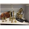 Image 2 : Shelf lot of misc decor items including - goat bookends, candle stick holders, vintage bells, wooden
