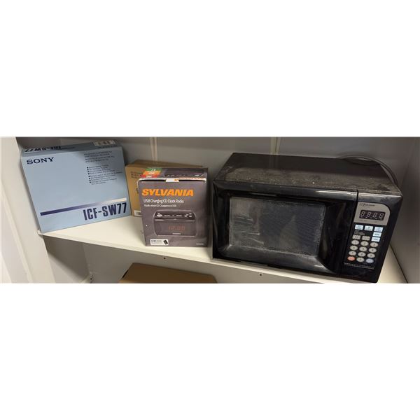 2 Shelf lots of misc decor items including - Emerson microwave, Sylvania USD charging CD clock radio