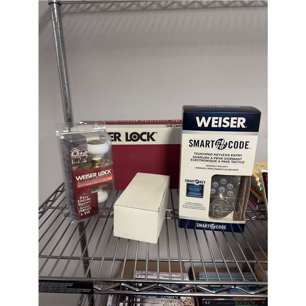 Group of door locks - includes Weiser smart code lock