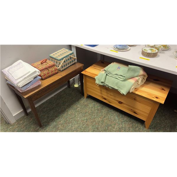 Group of 2 benches, blanket, bed sheets, 2 vintage sewing baskets, etc...
