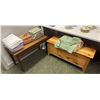 Image 1 : Group of 2 benches, blanket, bed sheets, 2 vintage sewing baskets, etc...