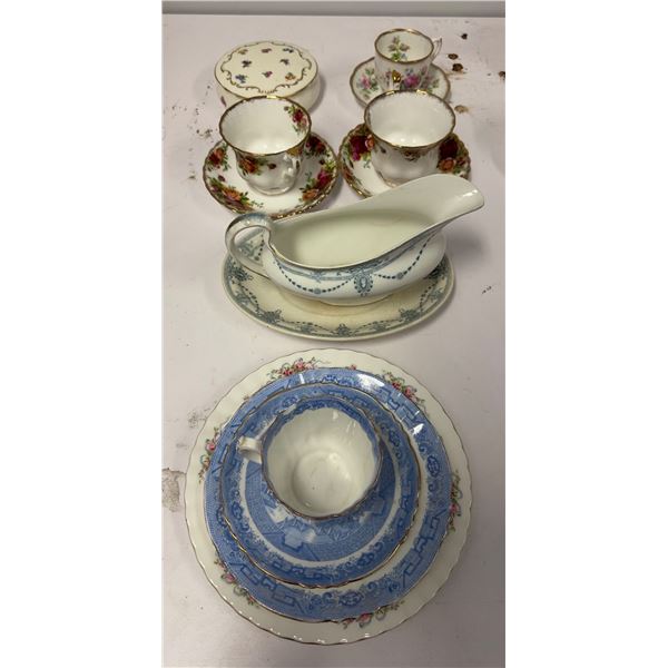 Group lot of tea cup sets including - gravy tray & plate, teacups, plates,
