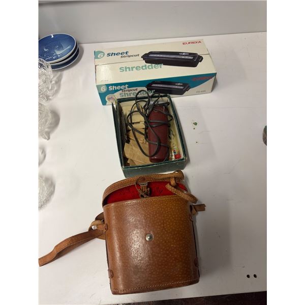 Group lot of misc including - vintage Sheet stripcut shredder, vintage electric shaver, vintage bino