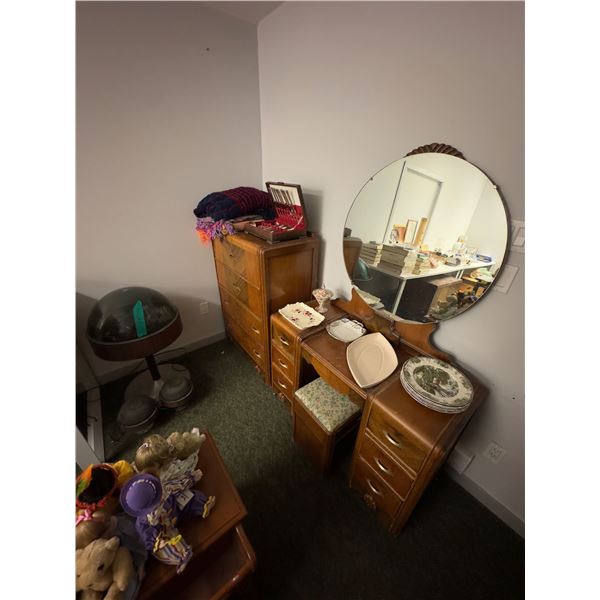 Large group of misc items including - 4 drawer chest approx. 46in H, 6 drawer antique makeup desk w/