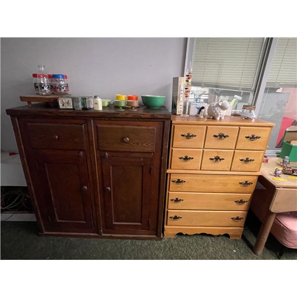 Large group of misc items including - vintage jelly cupboard 50in H 48in L, 9 pce wooden drawer appr