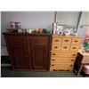 Image 1 : Large group of misc items including - vintage jelly cupboard 50in H 48in L, 9 pce wooden drawer appr