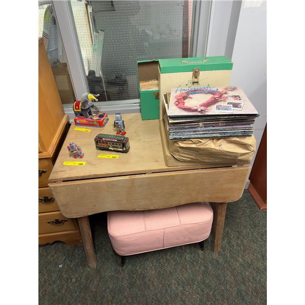 Group of misc items including - pink ottoman, wood desk approx. 35in L, vintage records, vintage fil