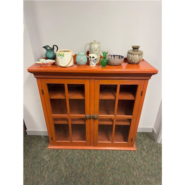 Group of misc items including - 3 tier wooden glass case shelf approx. 45in L 43in H, decor jars, Be