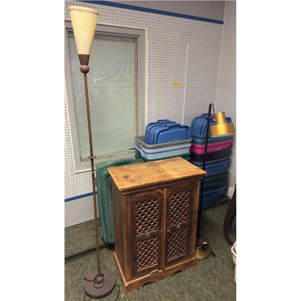 Group of 2 lamps & wooden storage cabinet approx. 36in H 27in L