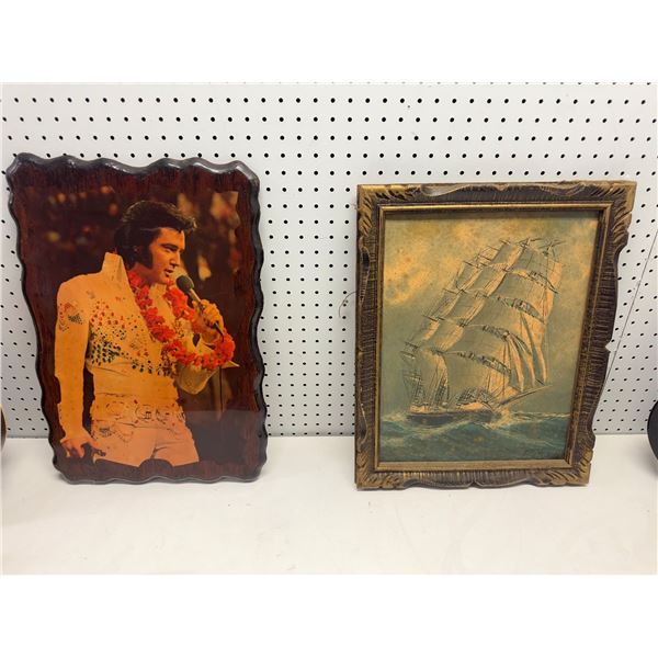 Group of 2 decor pcs including - Elvis Presley wood design & framed ship on the sea