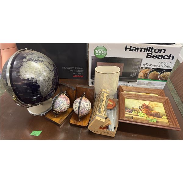 Large group of misc items including - bookend globes, globes, framed pictures, wind chimes, etc...