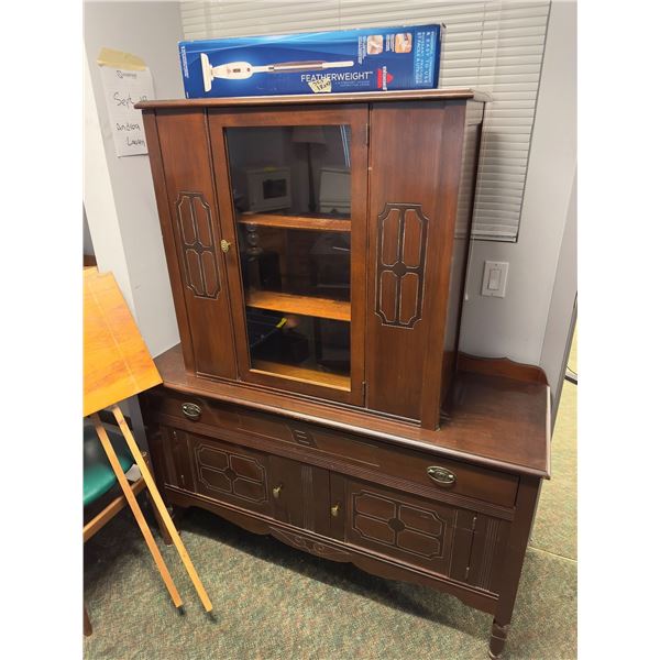 Large wooden china cabinet approx. 52in L 63in H 18in D w/Bissell vacuum