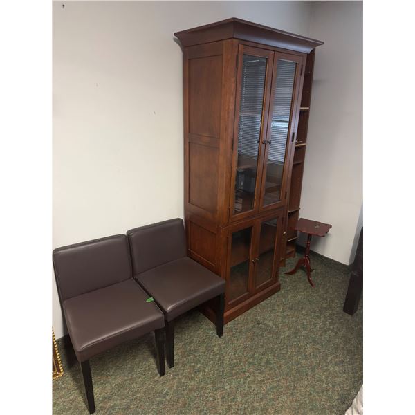 Large group of misc including - 2 dining chairs, 5 tier glass wooden cabinet 77in H 28in L, small si
