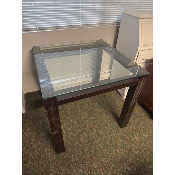 Square glass top wood frame table 32in L 32in D 30in H