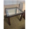 Image 1 : Square glass top wood frame table 32in L 32in D 30in H