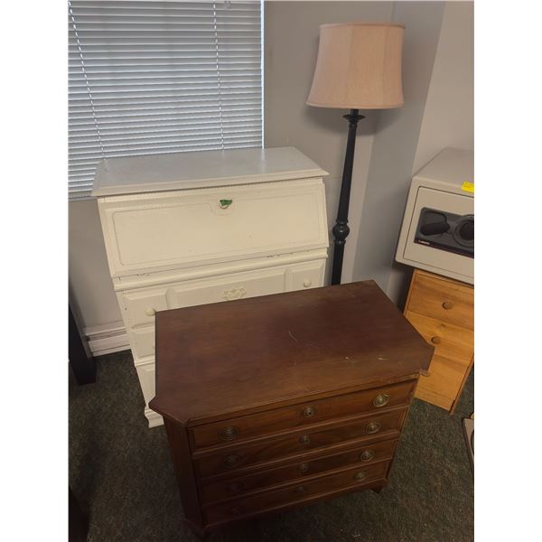 Vintage secretary desk approx. 32in L 17in D 41in H, lamp & bedside dresser table approx. 31in L 17i