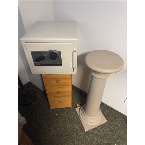 Group of misc including - Sentry safe, pillar, 3 tier sideboard, etc... (code or key for safe is mis