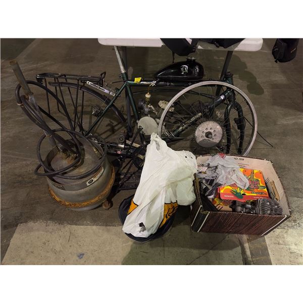 Large group of parts of electric bike, air pump bleeder tank, misc electronics, etc...