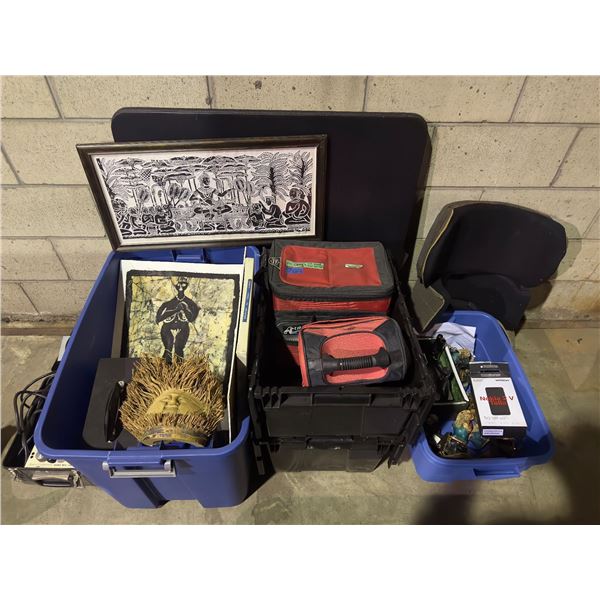 Large group of various artwork, lunch boxes, toy figurines, Nokia phone, art decor, radiation monito