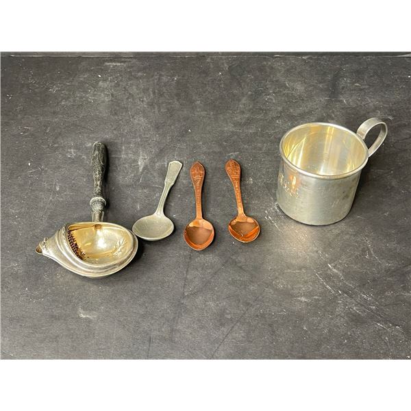 Sterling silver mug w/sterling & copper spoons & antique dripless tea strainer