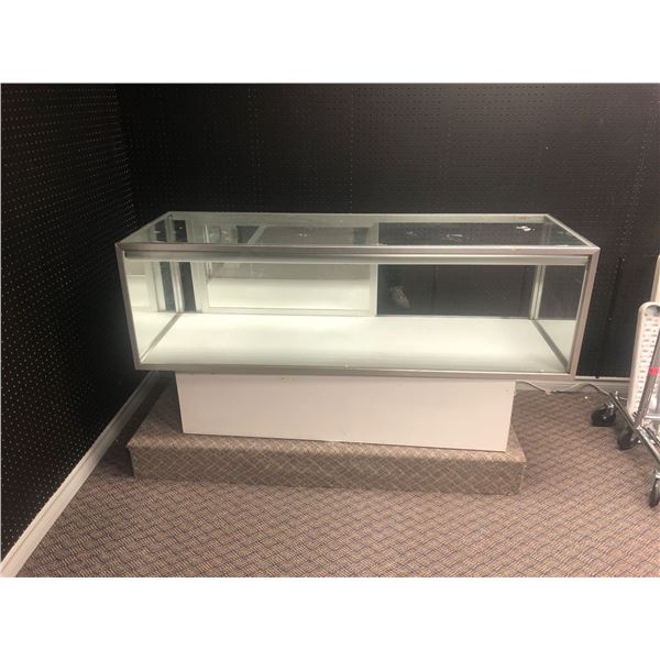 Modern glass display cabinet w/ white wooden base (lights not tested & scratches, approx. w/ base 5f