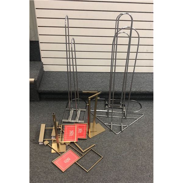 Group of assorted metal display stands - included 3 metal floor stands & 8 pcs golden metal rack sta