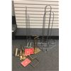 Image 1 : Group of assorted metal display stands - included 3 metal floor stands & 8 pcs golden metal rack sta