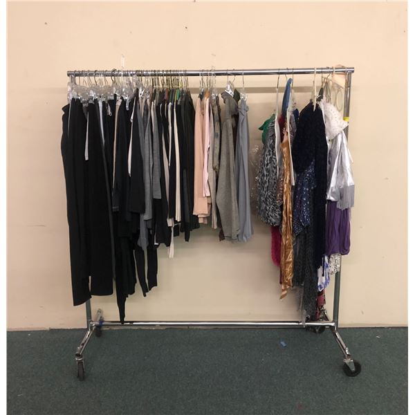 Rack full of misc. set dec clothes - included scarves/shirts/sportwear (approx. 60 pcs) RACK IS INCL